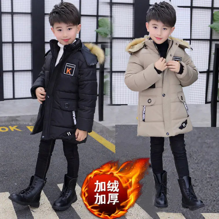 2023 New 4-14 Years Very Keep Warm Winter Boys Jacket Teenager Mid-Length Plus Velvet Thickening  Hooded Cotton Coat For Kids