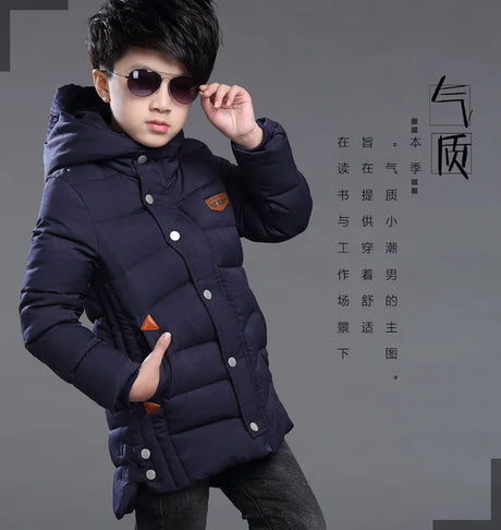 2023 New 4-14 Years Very Keep Warm Winter Boys Jacket Teenager Mid-Length Plus Velvet Thickening  Hooded Cotton Coat For Kids