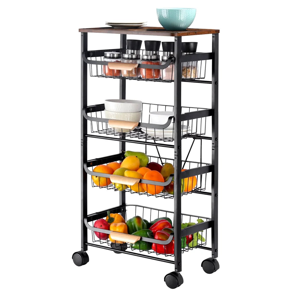 2023 New 5 Tier Rolling Utility Cart Fruit Storage Basket Kitchen Serving Storage Cart Kitchen Islands & Trolleys