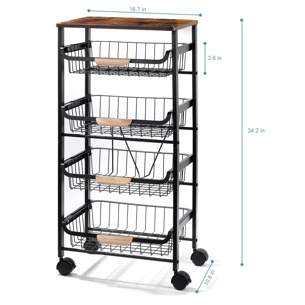 2023 New 5 Tier Rolling Utility Cart Fruit Storage Basket Kitchen Serving Storage Cart Kitchen Islands & Trolleys