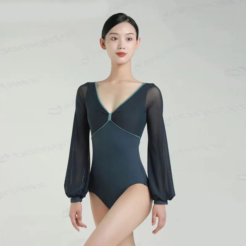 2023 New Ballet Dresses Adult Lantern Long Sleeve Leotard V neck Bodysuit women Dance wear Sexy Gymnastics for girl