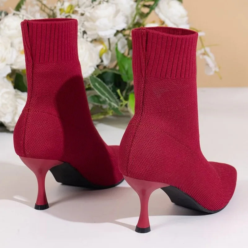 2023 New Fashion Women's Ankle Boots Pointed High Heels Thin High Heels Soft Shoes Overboots Purple Black Red Comfortable Shoes