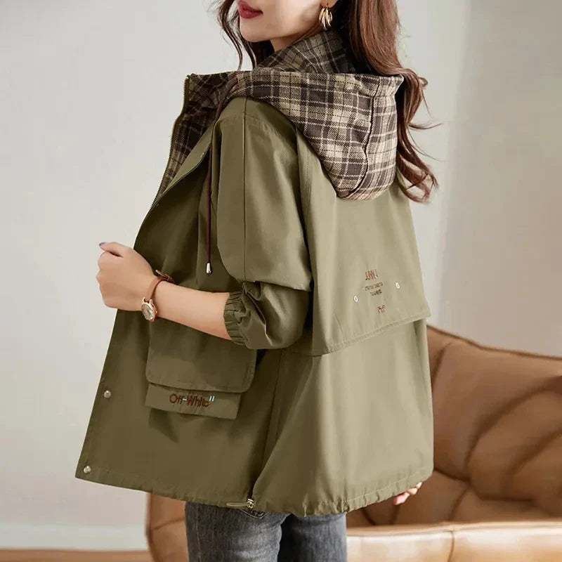 2023 New Korean Fashion Short Hooded Windbreaker Female Long-Sleeved Loose Casual Outwear Coats Women Autumn Trench Coat Woman