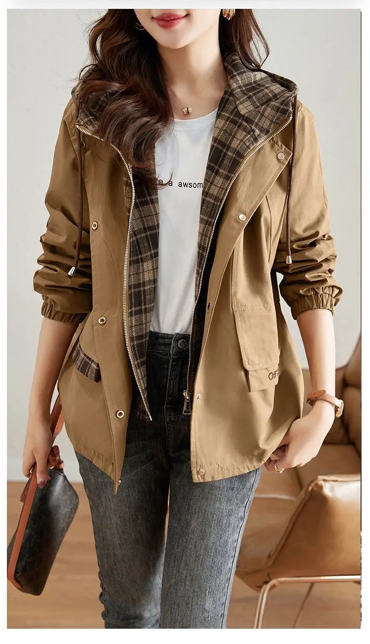 2023 New Korean Fashion Short Hooded Windbreaker Female Long-Sleeved Loose Casual Outwear Coats Women Autumn Trench Coat Woman