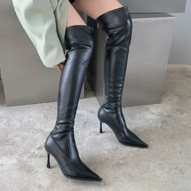 2023 New Ladies Leather Over Knee Boots Fashion Slender Heel Boots Women High Heels Sexy Pointed Toe Woman‘s Boot Botas Mujer