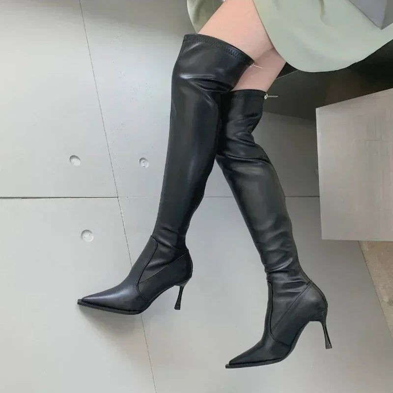 2023 New Ladies Leather Over Knee Boots Fashion Slender Heel Boots Women High Heels Sexy Pointed Toe Woman‘s Boot Botas Mujer