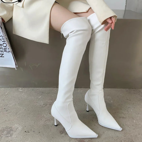 2023 New Ladies Leather Over Knee Boots Fashion Slender Heel Boots Women High Heels Sexy Pointed Toe Woman‘s Boot Botas Mujer