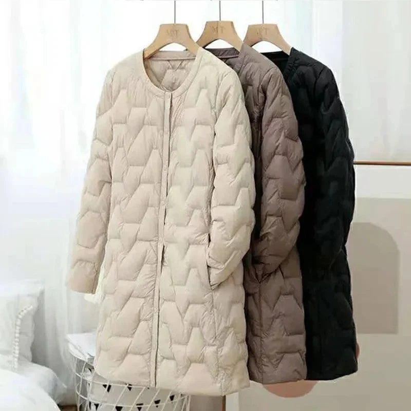 2023 New Mid-Length Puffer Coats Women's Round Neck Fashion Down Cotton Outwear Female Lightweight Warm Lnner Padded Parkas