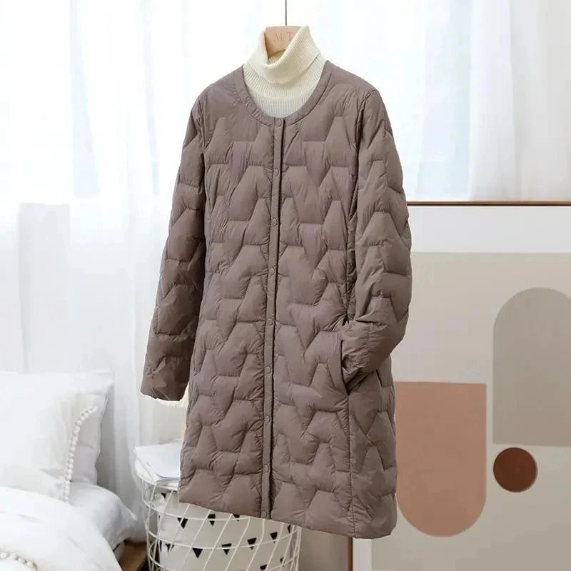 2023 New Mid-Length Puffer Coats Women's Round Neck Fashion Down Cotton Outwear Female Lightweight Warm Lnner Padded Parkas