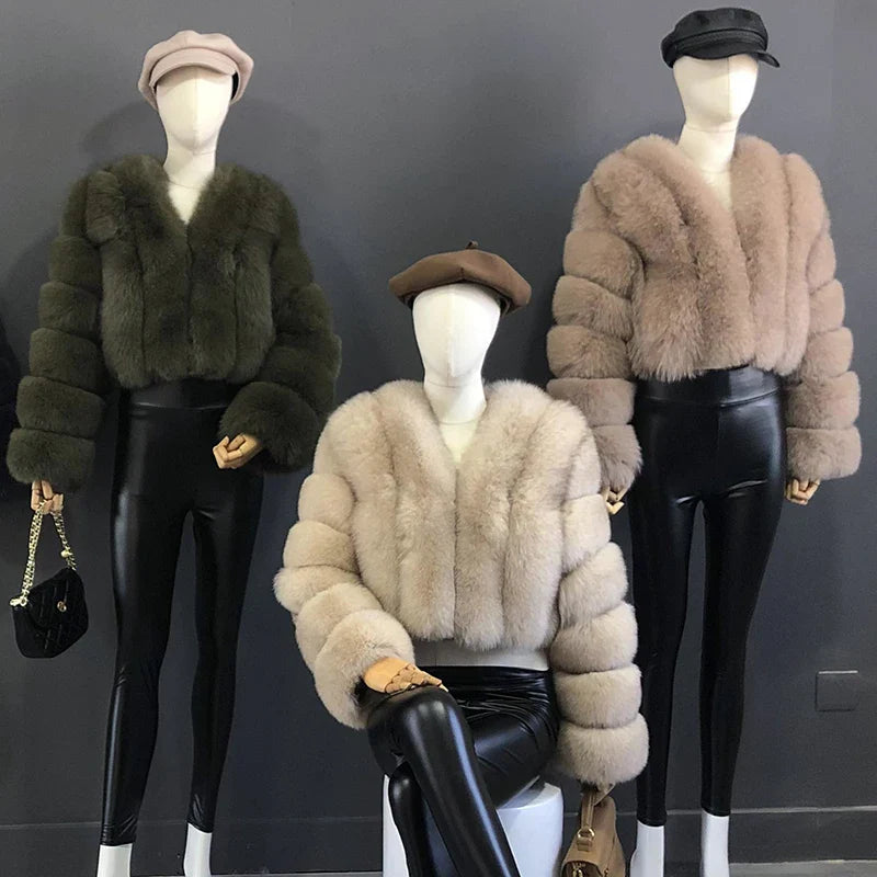 2023 New Style Women Fur Coat Real Fox Fur Jacket Natural Fox Fur Short Style Clothing Full Length Sleeve Female Coat