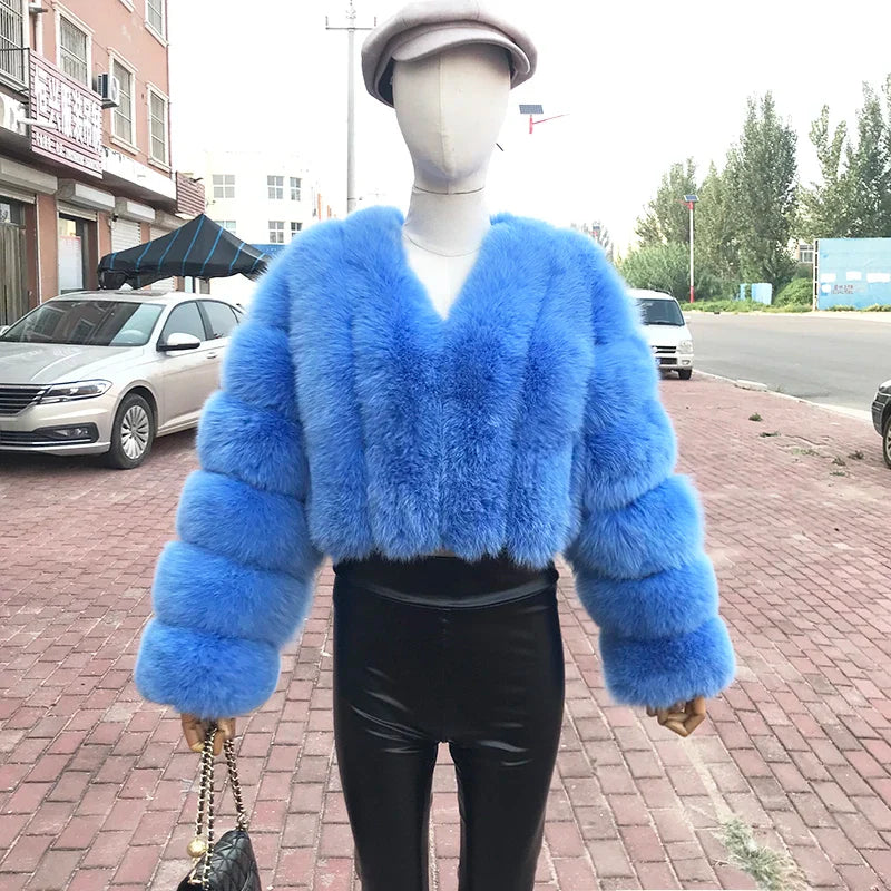 2023 New Style Women Fur Coat Real Fox Fur Jacket Natural Fox Fur Short Style Clothing Full Length Sleeve Female Coat