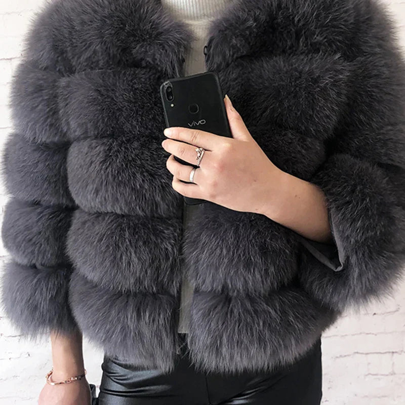 2023 New Style Women Fur Coat Real Fox Fur Jacket Natural Fox Fur Short Style Clothing Full Length Sleeve Female Coat