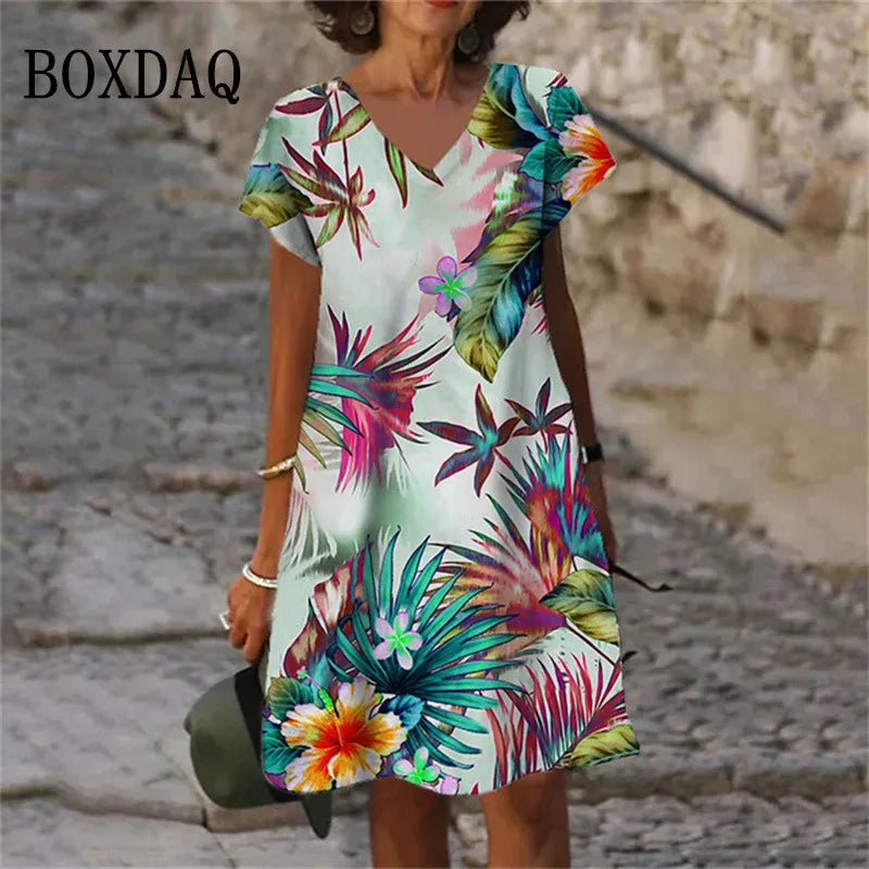 2023 New Summer Flowers Plant 3D Print Women Dresses Oversized Clothing Retro Short Sleeve V-Neck Dress Female Sundress Vestidos