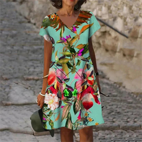 2023 New Summer Flowers Plant 3D Print Women Dresses Oversized Clothing Retro Short Sleeve V-Neck Dress Female Sundress Vestidos