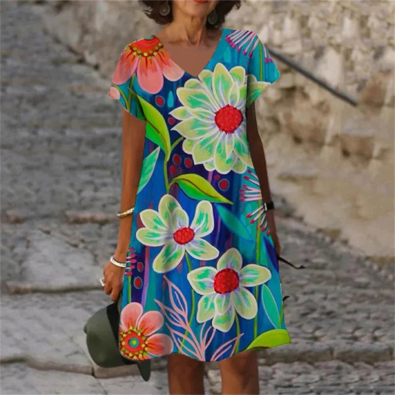 2023 New Summer Flowers Plant 3D Print Women Dresses Oversized Clothing Retro Short Sleeve V-Neck Dress Female Sundress Vestidos