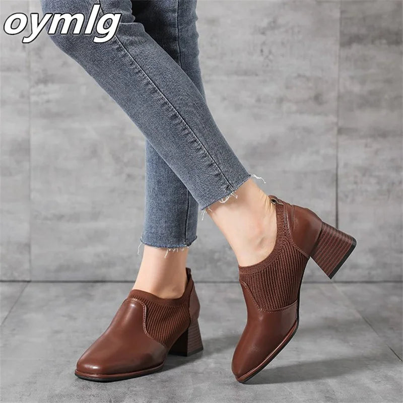 2023 New Thick Heel High Heels Women's  Autumn Square Headed Polished Knitted Deep Mouth Single Shoes Small Leather Shoes