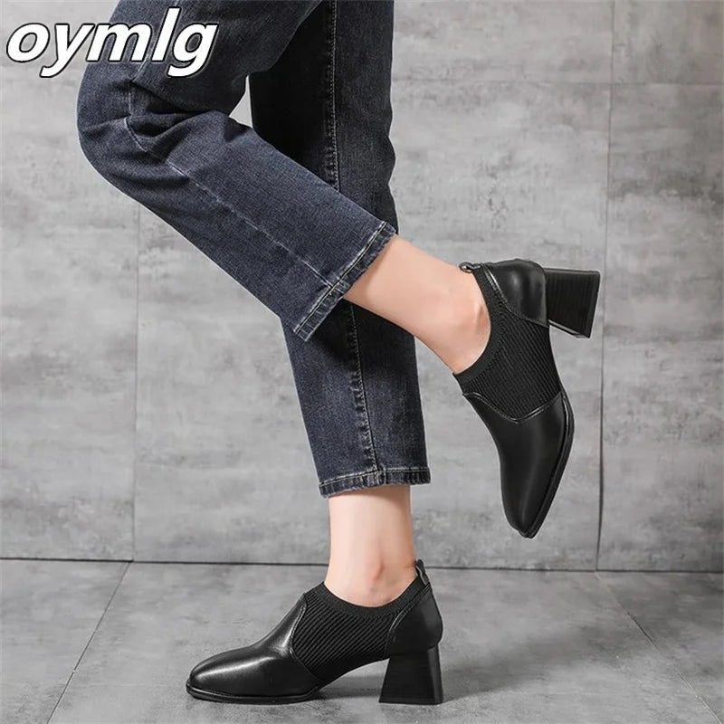 2023 New Thick Heel High Heels Women's  Autumn Square Headed Polished Knitted Deep Mouth Single Shoes Small Leather Shoes