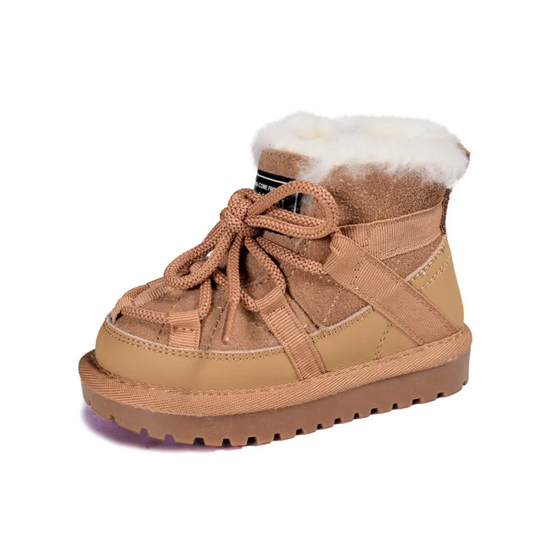 2023 New Winter Children Snow Boots Genuine Leather Warm Plush Toddler Boys Shoes Non-slip Fashion Baby Girls Boots 1-6 Years