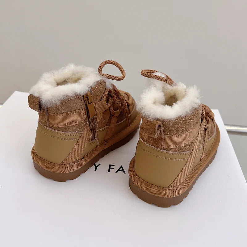 2023 New Winter Children Snow Boots Genuine Leather Warm Plush Toddler Boys Shoes Non-slip Fashion Baby Girls Boots 1-6 Years