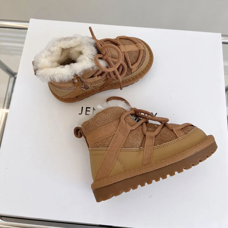 2023 New Winter Children Snow Boots Genuine Leather Warm Plush Toddler Boys Shoes Non-slip Fashion Baby Girls Boots 1-6 Years