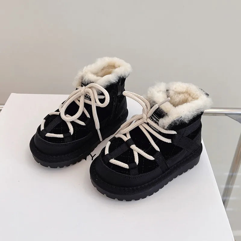 2023 New Winter Children Snow Boots Genuine Leather Warm Plush Toddler Boys Shoes Non-slip Fashion Baby Girls Boots 1-6 Years