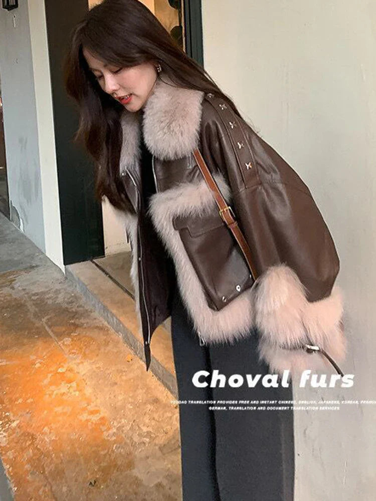 2023 New Winter Lamb Fur Sheepskin Patchwork Coat Faux Fur leather Jacket Streetwear Loose Fur Warm Motorcycle Biker Parka