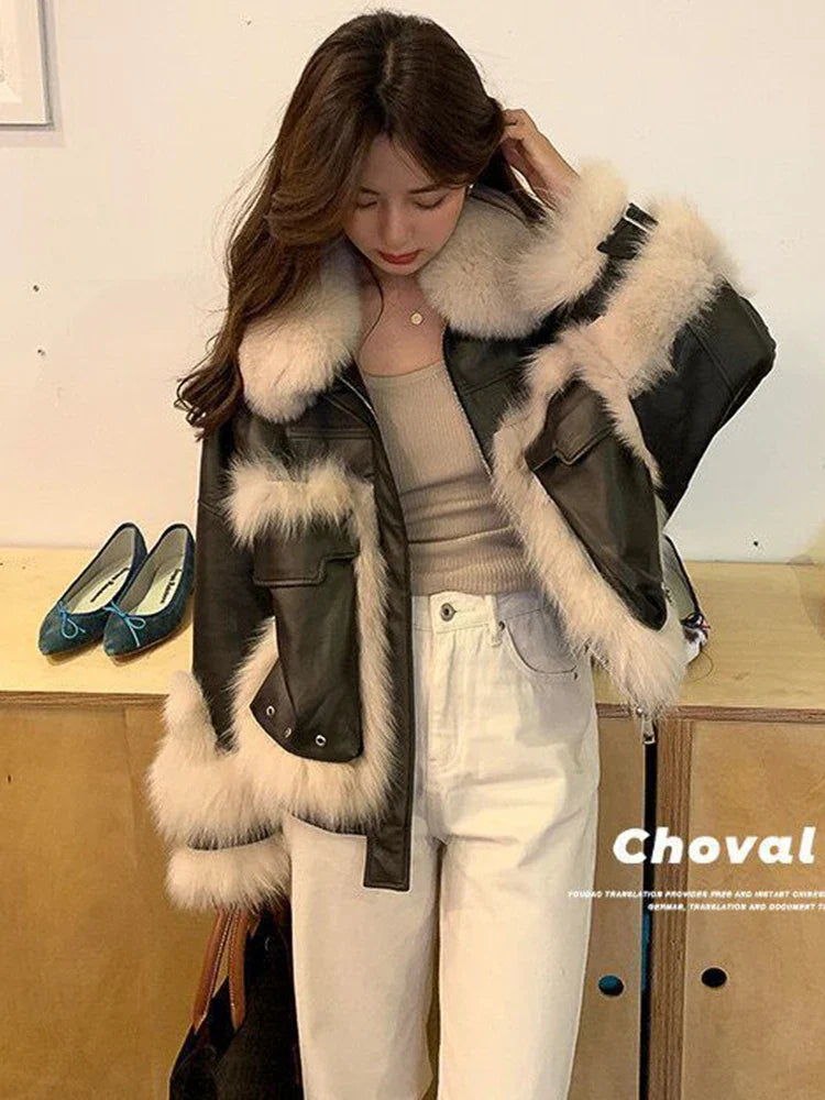 2023 New Winter Lamb Fur Sheepskin Patchwork Coat Faux Fur leather Jacket Streetwear Loose Fur Warm Motorcycle Biker Parka