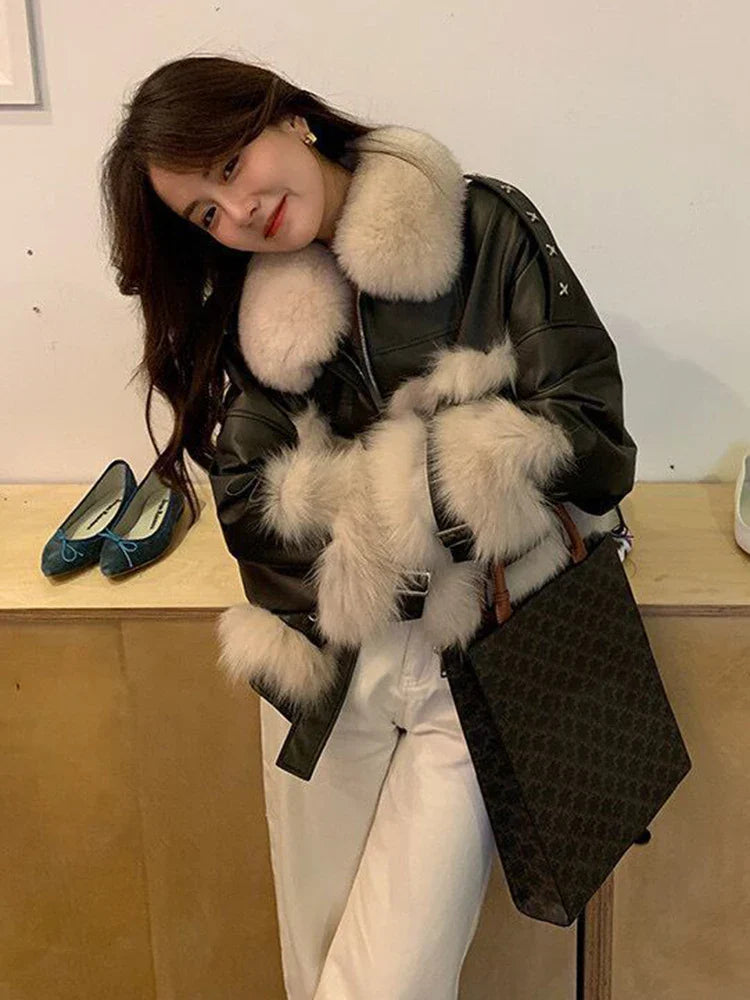 2023 New Winter Lamb Fur Sheepskin Patchwork Coat Faux Fur leather Jacket Streetwear Loose Fur Warm Motorcycle Biker Parka