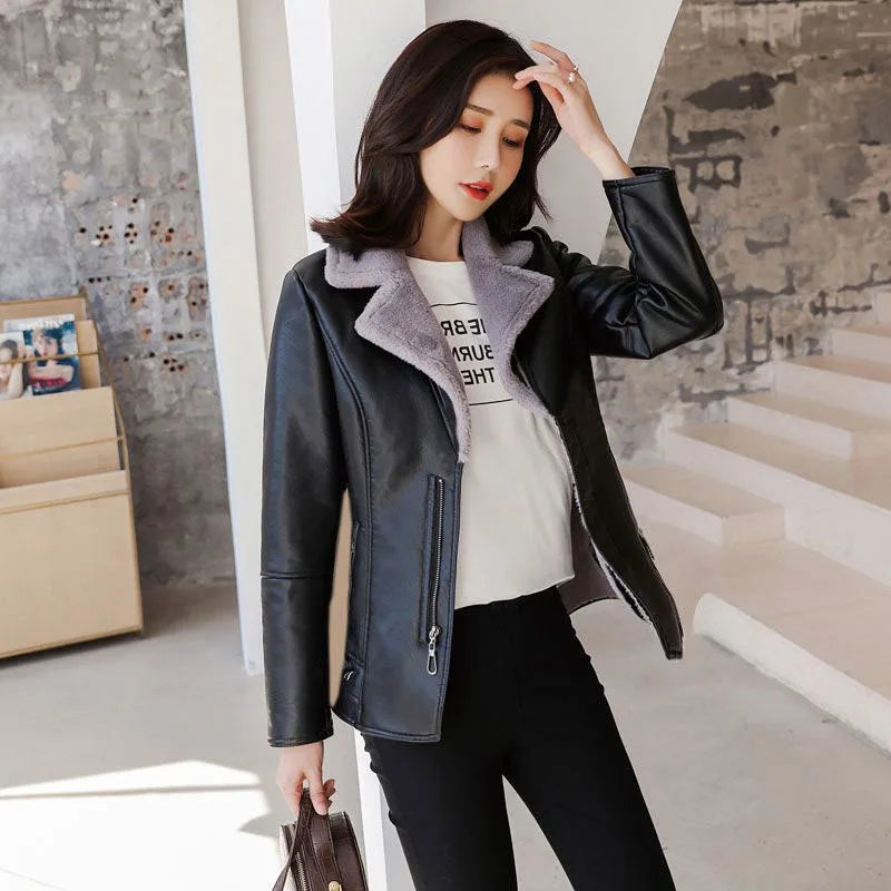 2023 New Winter PU Leather Jacket Short Blazers Coat Fleece Double-faced Fur Leather Outerwear Lady Slim Suit Women Tops Jackets