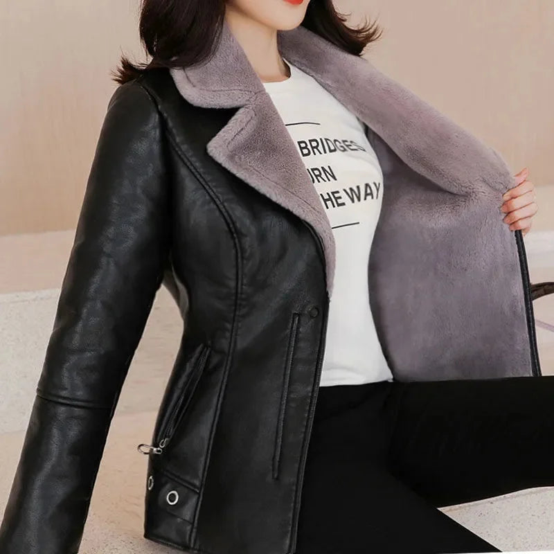 2023 New Winter PU Leather Jacket Short Blazers Coat Fleece Double-faced Fur Leather Outerwear Lady Slim Suit Women Tops Jackets