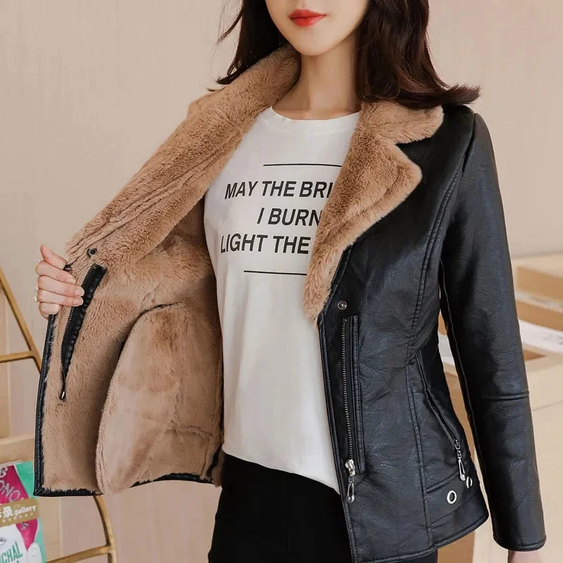 2023 New Winter PU Leather Jacket Short Blazers Coat Fleece Double-faced Fur Leather Outerwear Lady Slim Suit Women Tops Jackets