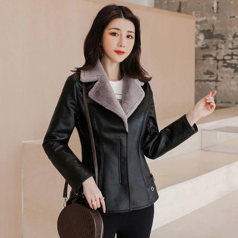 2023 New Winter PU Leather Jacket Short Blazers Coat Fleece Double-faced Fur Leather Outerwear Lady Slim Suit Women Tops Jackets