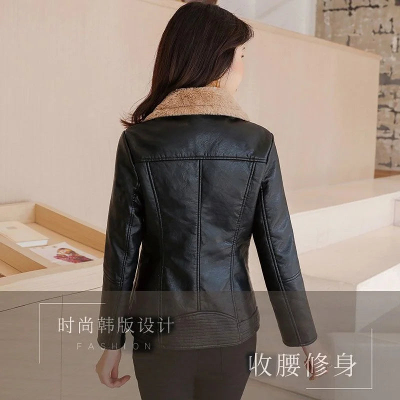 2023 New Winter PU Leather Jacket Short Blazers Coat Fleece Double-faced Fur Leather Outerwear Lady Slim Suit Women Tops Jackets