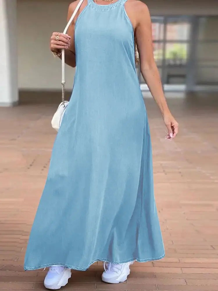 2023 PLUS SIZE ZANZEA Fashion Denim Long Dress Sexy Women Halter Swing Sundress Holiday Sleeveless Robe Casual Loose Maxi Dress