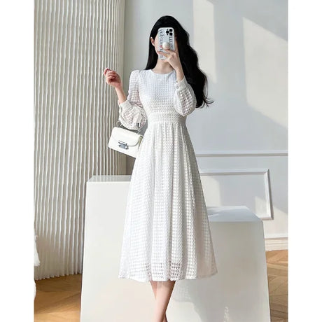 2023 Spring Women Elegant Lace Midi White Dress Long Sleeve Vintage A-Line Fashion Prom Vestidos Female French Style Party Robe