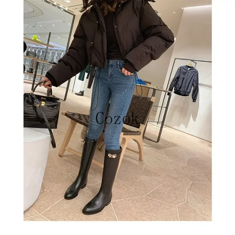 2023 Thigh High Boots Brown Women Vintage Leather Square Heel Knee Height Buckle Boot Keep Warm Round Toe Shoes British Style