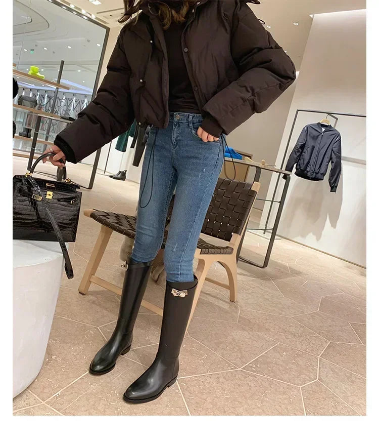 2023 Thigh High Boots Brown Women Vintage Leather Square Heel Knee Height Buckle Boot Keep Warm Round Toe Shoes British Style