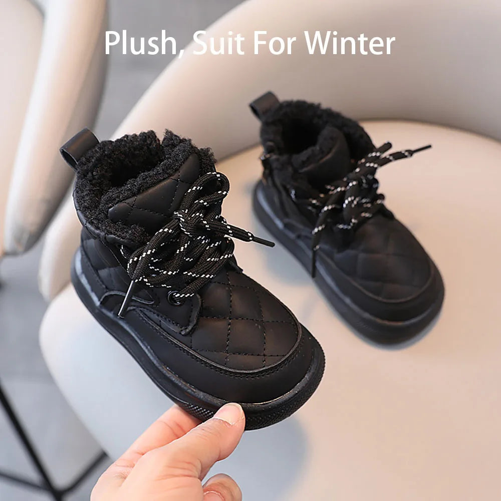 2023 Trend Fashion Winter Martin Boots For Girls Korean Style Plaid PU Leather Snow Boots Thick Warm Plush Casual Shoes For Kids