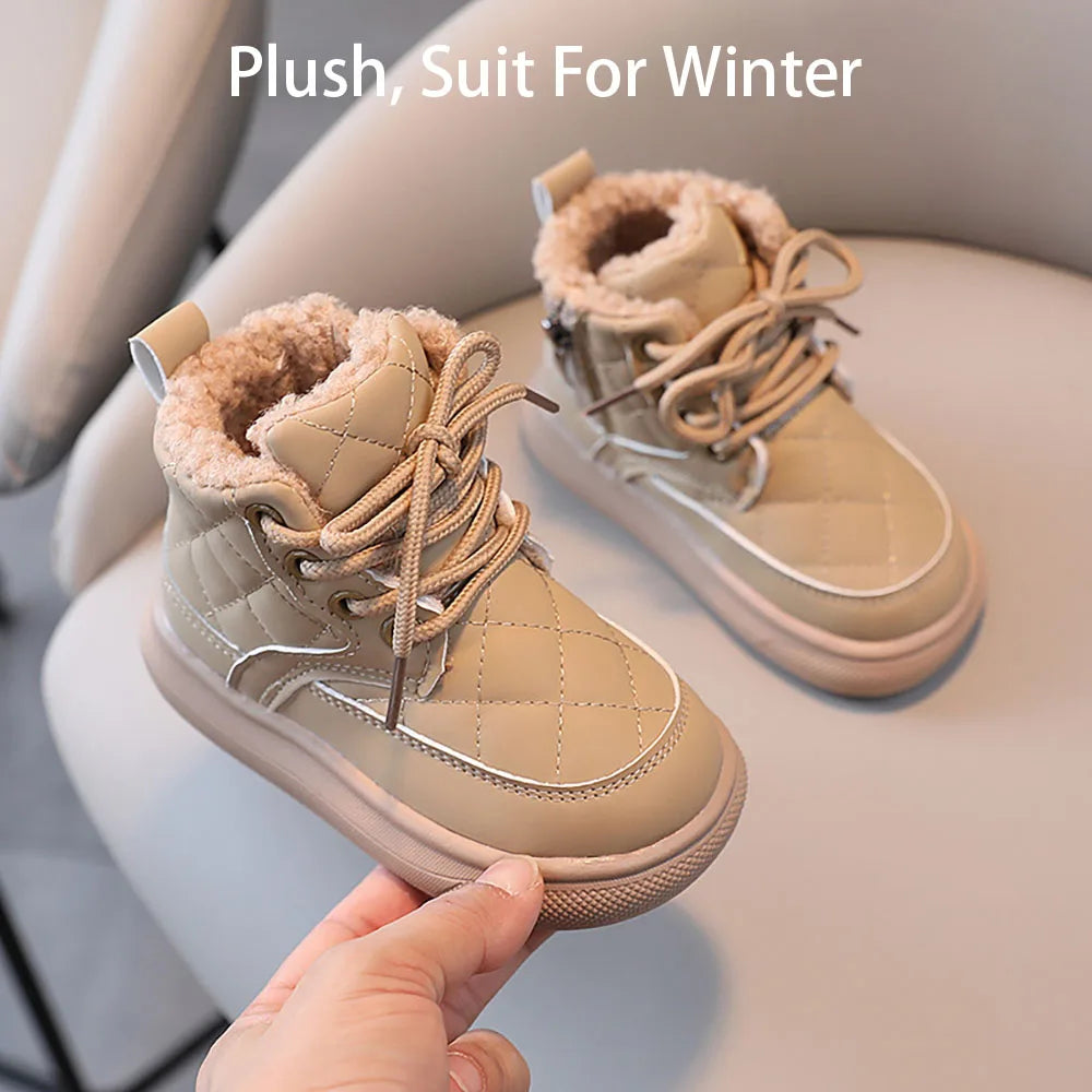 2023 Trend Fashion Winter Martin Boots For Girls Korean Style Plaid PU Leather Snow Boots Thick Warm Plush Casual Shoes For Kids