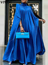 2023 VONDA 5XL Plus Size Women Dress Stand Collar Elegant Satin Dress Long Bat Sleeve Evening Pleated Maxi Sundress Casual Robe