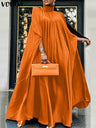 2023 VONDA 5XL Plus Size Women Dress Stand Collar Elegant Satin Dress Long Bat Sleeve Evening Pleated Maxi Sundress Casual Robe