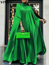 2023 VONDA 5XL Plus Size Women Dress Stand Collar Elegant Satin Dress Long Bat Sleeve Evening Pleated Maxi Sundress Casual Robe