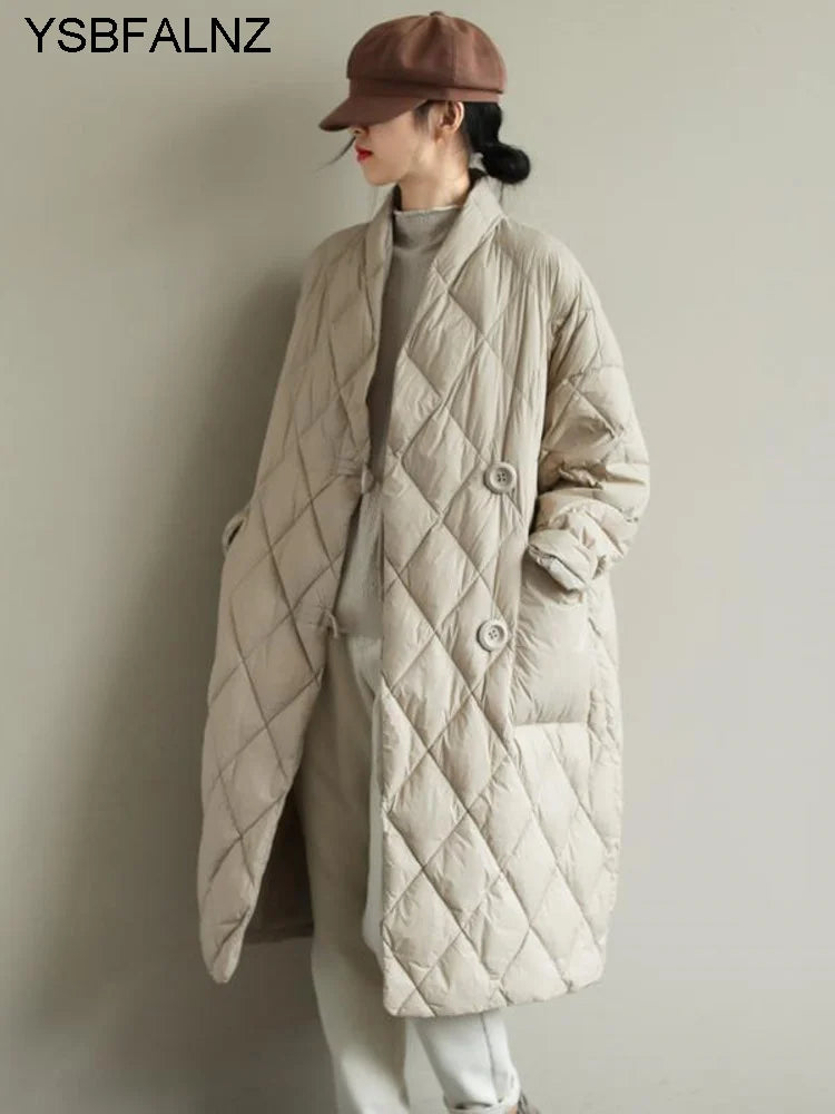 2023 Winter Arrivals Women Cotton Coats Diamond Lattice Block Big Size Female Long Parkas Loose Lady Overcoats Clothes