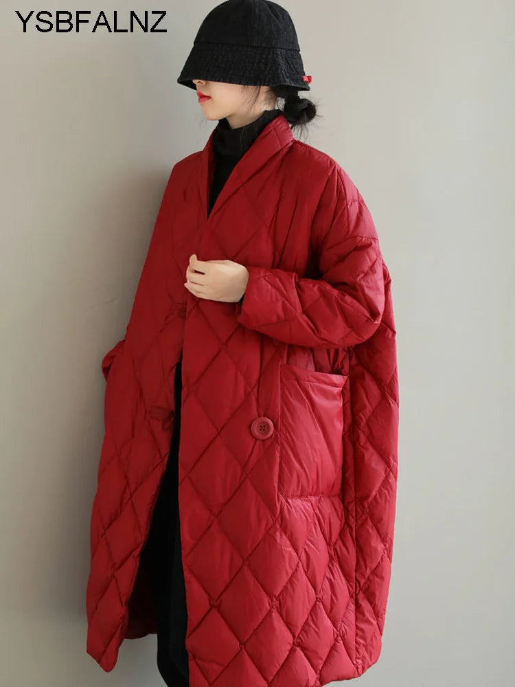 2023 Winter Arrivals Women Cotton Coats Diamond Lattice Block Big Size Female Long Parkas Loose Lady Overcoats Clothes