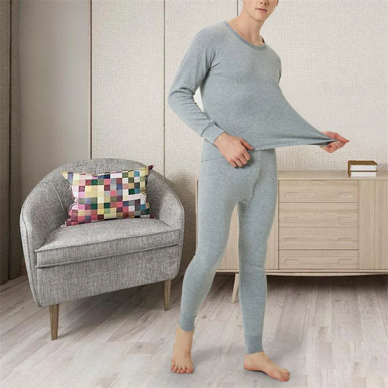 2023 Winter Men Thermal Underwear Sets Long Shirt Long Pants Plus Velvet Pajamas Set Casual Solid Color Thickened Clothing