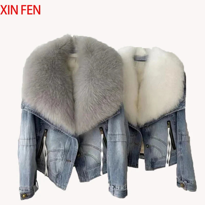 2023 Winter Women New Luxury Natural True Fox Fur Big Collar Goose Down Denim Down Jackets Short Warm Casual  Jacket Coat