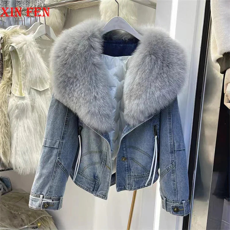 2023 Winter Women New Luxury Natural True Fox Fur Big Collar Goose Down Denim Down Jackets Short Warm Casual  Jacket Coat