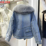 2023 Winter Women New Luxury Natural True Fox Fur Big Collar Goose Down Denim Down Jackets Short Warm Casual  Jacket Coat