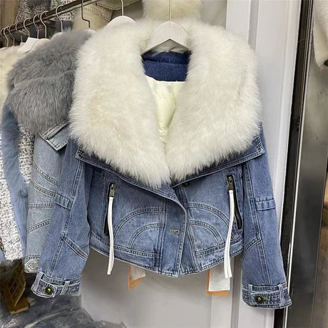 2023 Winter Women New Luxury Natural True Fox Fur Big Collar Goose Down Denim Down Jackets Short Warm Casual  Jacket Coat