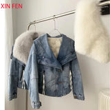 2023 Winter Women New Luxury Natural True Fox Fur Big Collar Goose Down Denim Down Jackets Short Warm Casual  Jacket Coat